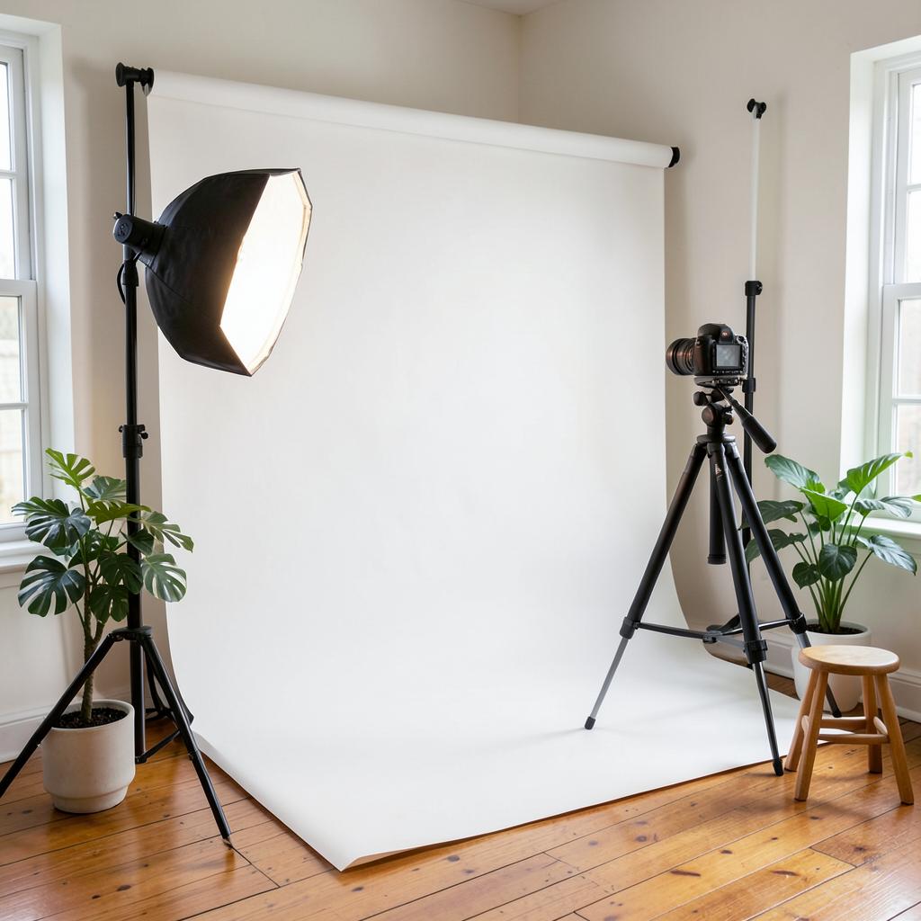 Popurinz home photo studio with seamless backdrop and lighting